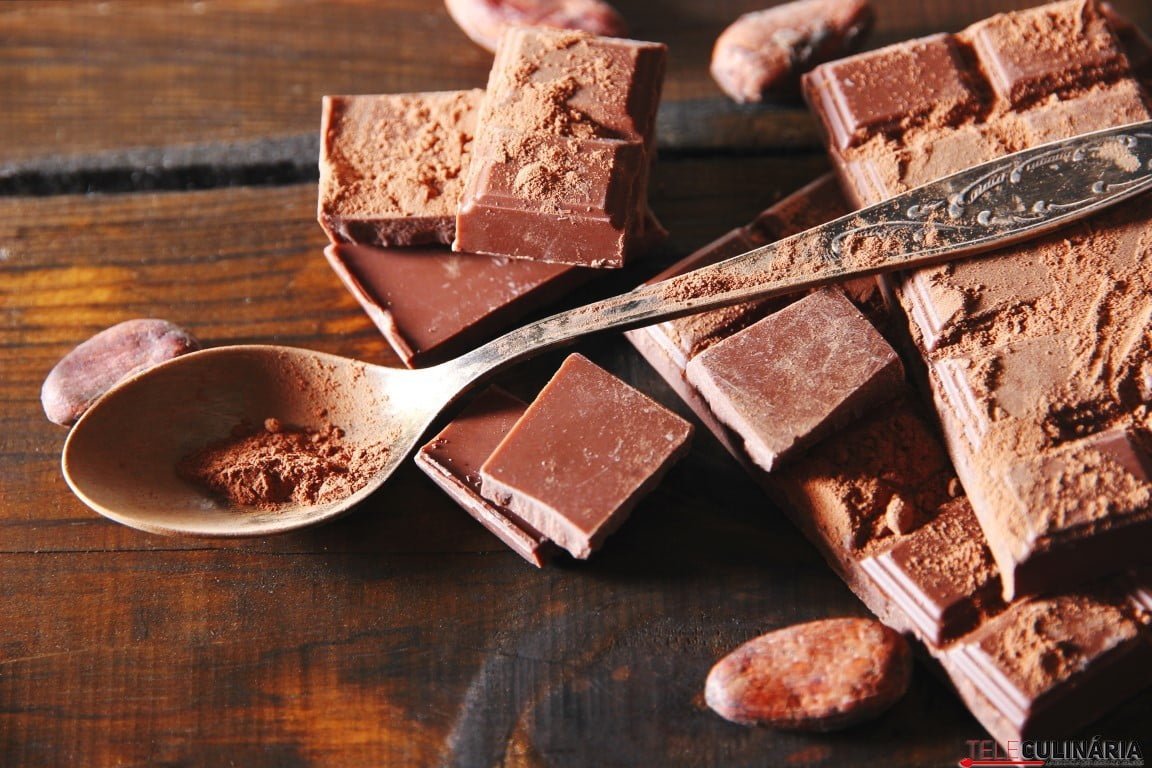 Cocoa powder and dark chocolate on color wooden background