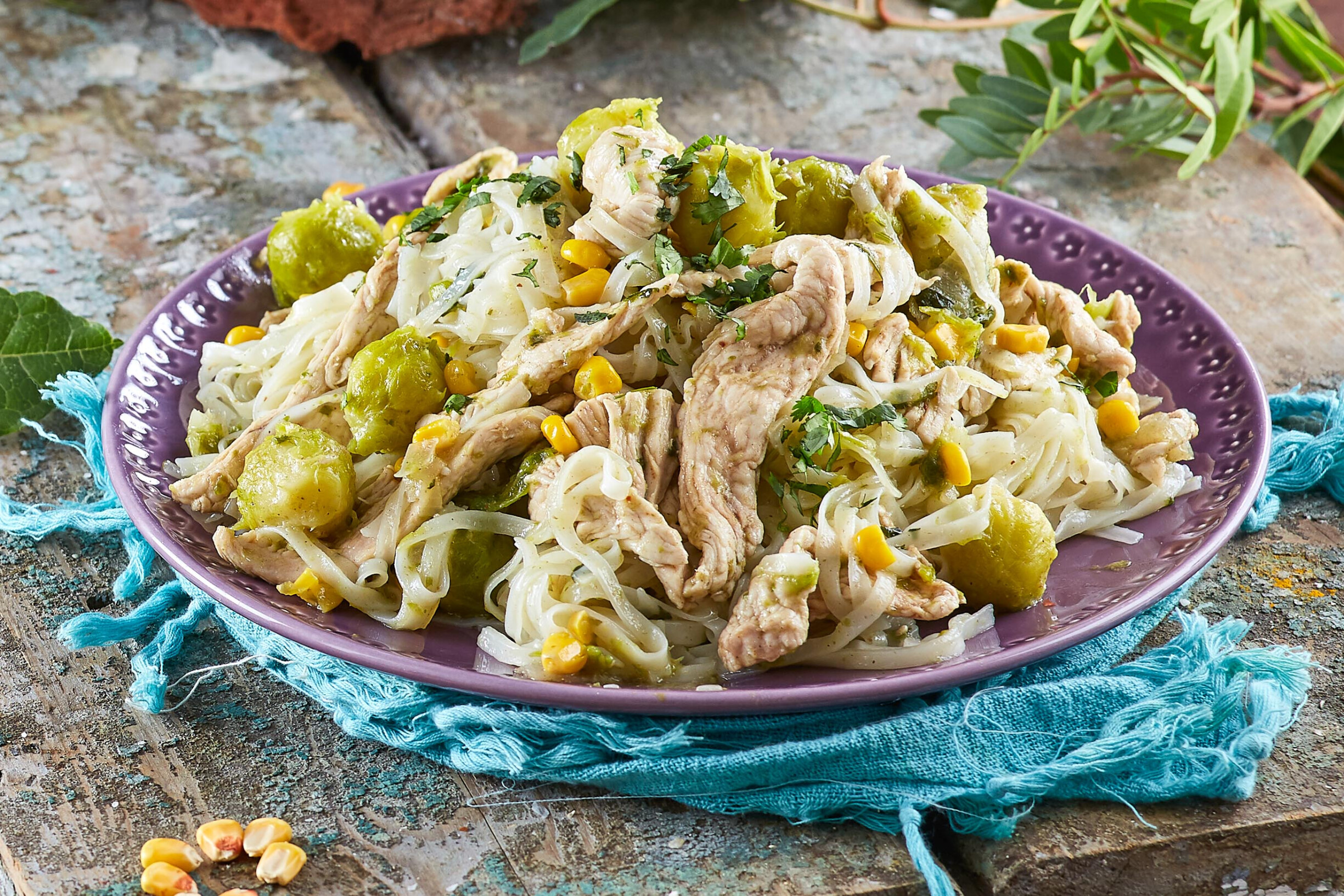 Noodles com peru e couves-de-bruxelas